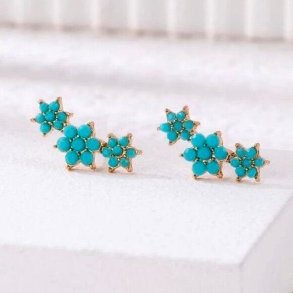 TURQUOISE GOLD FLOWER EAR CRAWLER STUD EARRINGS - Picture 1 of 4
